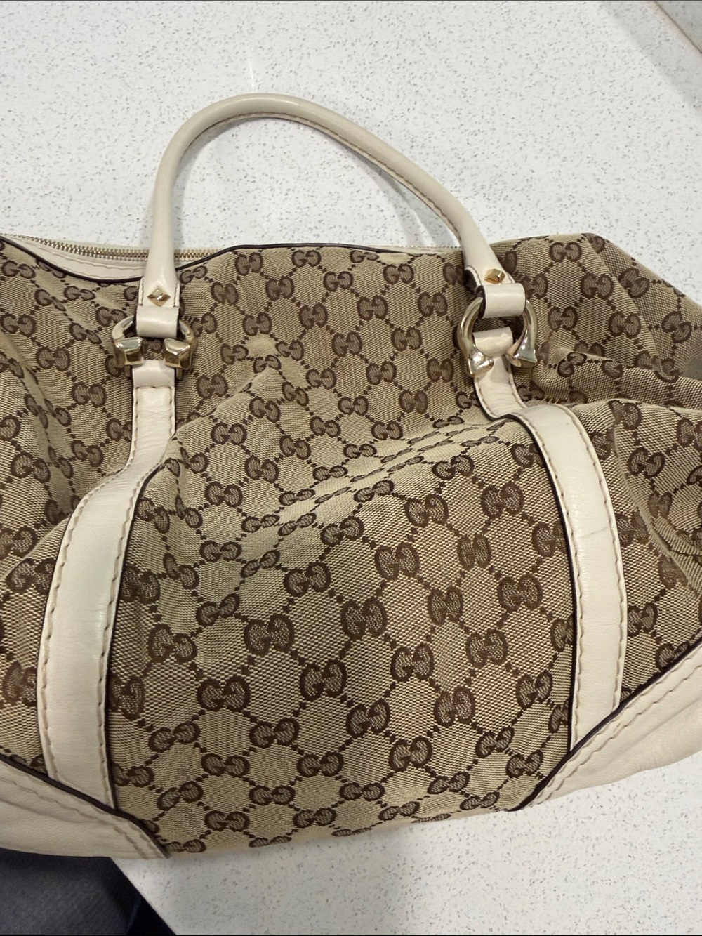 Gucci Beige Monogram Shoulder Hobo Bag with Cream Trim and Gold Hardware